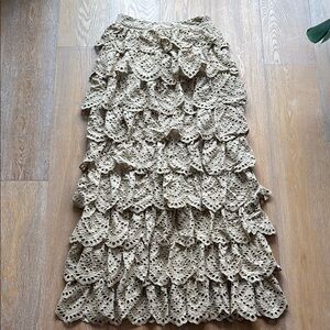 FARM Rio Tiered Ruffled Embroidered Midi Skirt in Sand